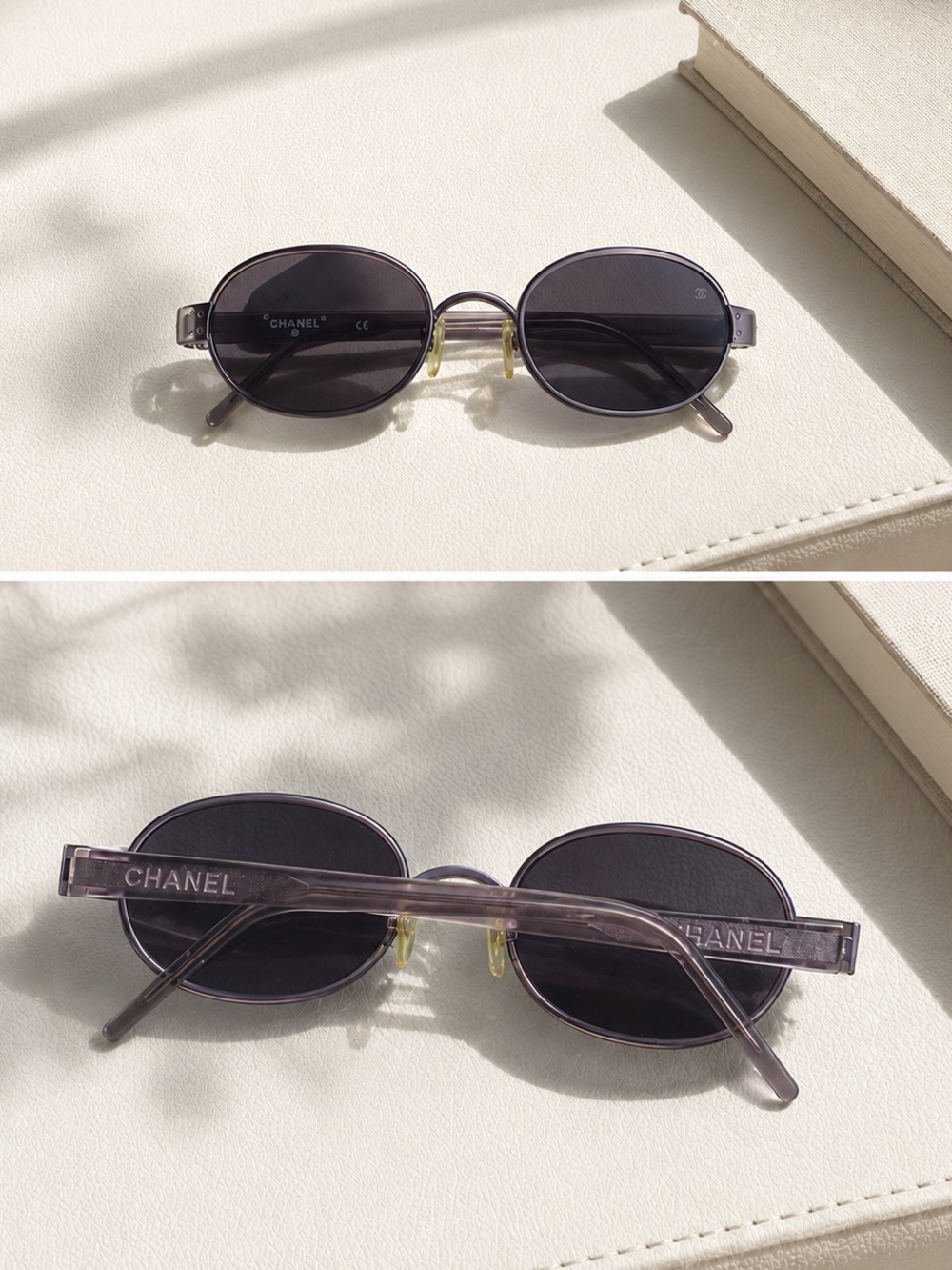 CHANEL | Y2K Purple Oval Sunglasses with Clear Arms | E00